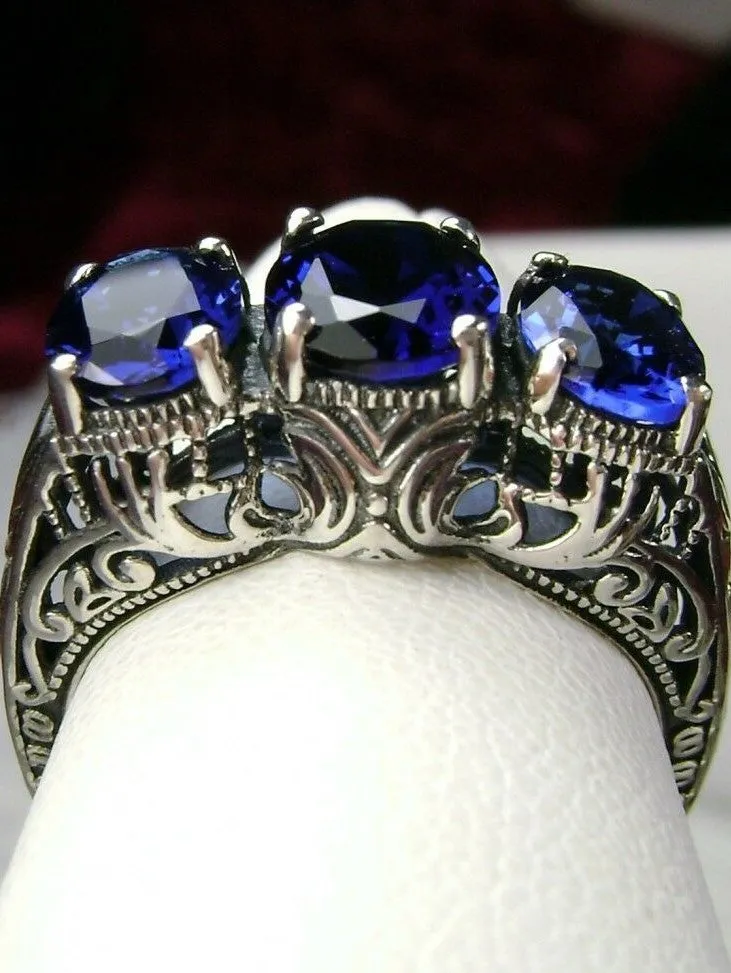 Blue Sapphire Ring, Triple Gems, Size 6, Art Deco Jewelry Design#D41 - Ready to Ship