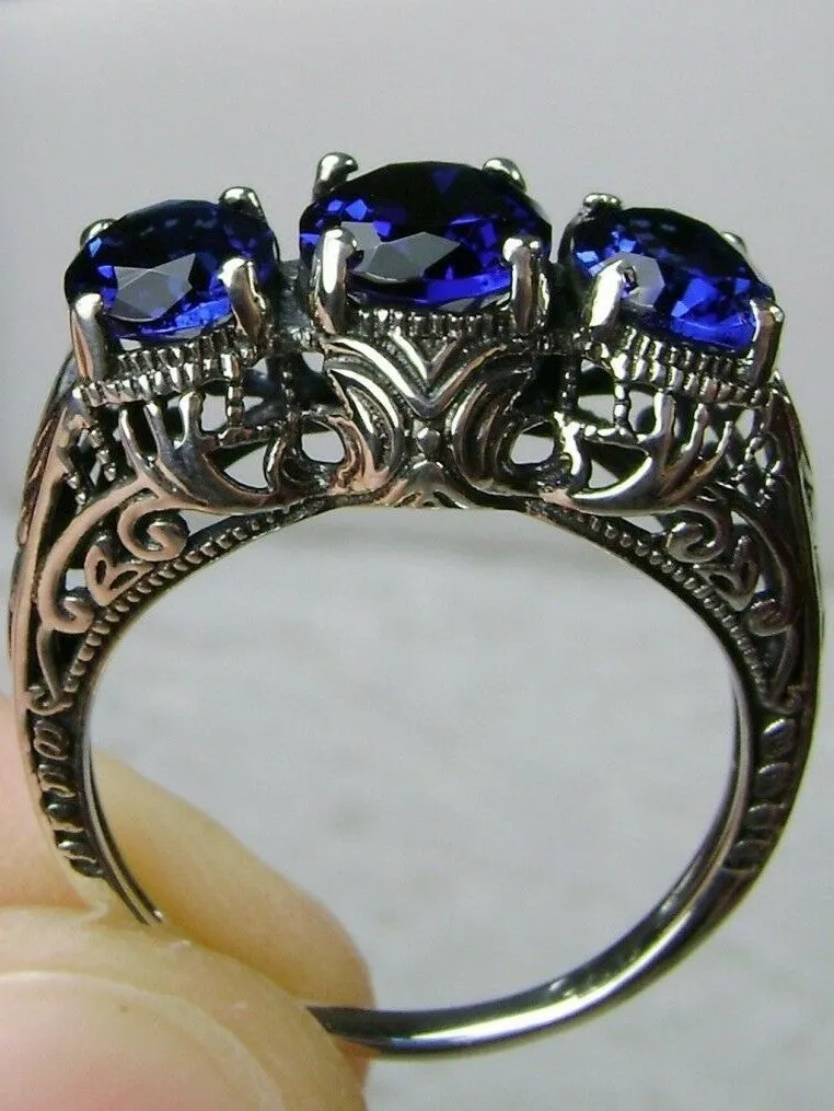 Blue Sapphire Ring, Triple Gems, Size 6, Art Deco Jewelry Design#D41 - Ready to Ship