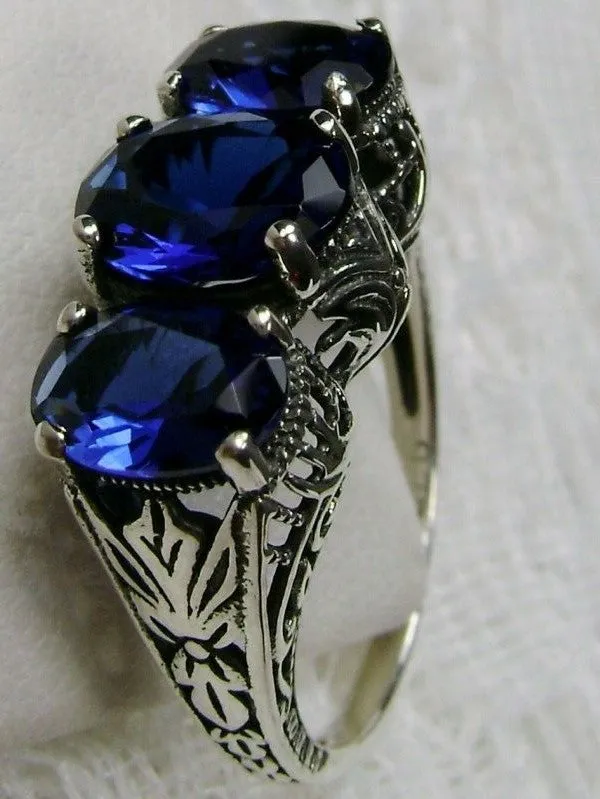 Blue Sapphire Ring, Triple Gems, Size 6, Art Deco Jewelry Design#D41 - Ready to Ship