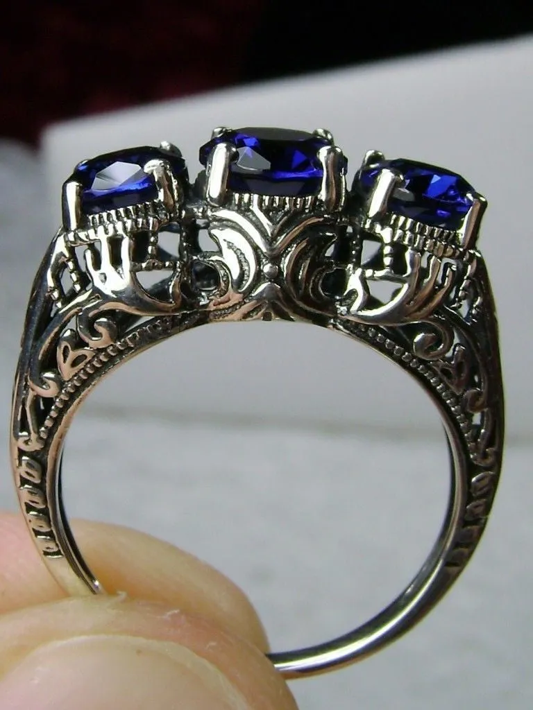 Blue Sapphire Ring, Triple Gems, Size 6, Art Deco Jewelry Design#D41 - Ready to Ship