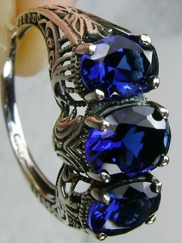 Blue Sapphire Ring, Triple Gems, Size 6, Art Deco Jewelry Design#D41 - Ready to Ship