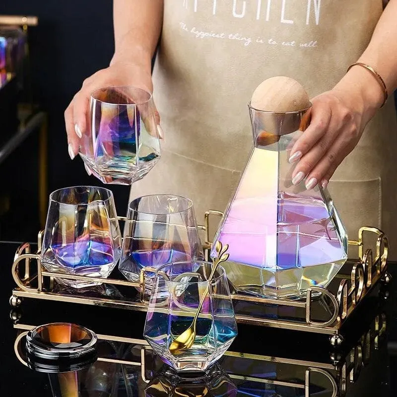 Butterfly Carafe set   4 Iridescent Glasses