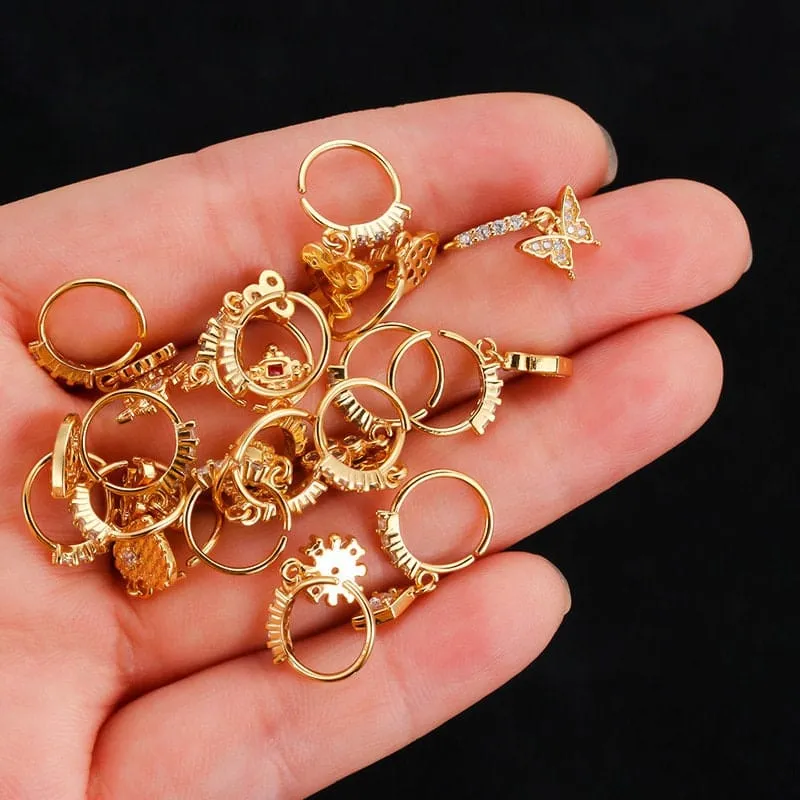 Chic CZ Inlaid Butterfly Evil Eye Heart Dangle Nose Piercing Hoop Nose Ring