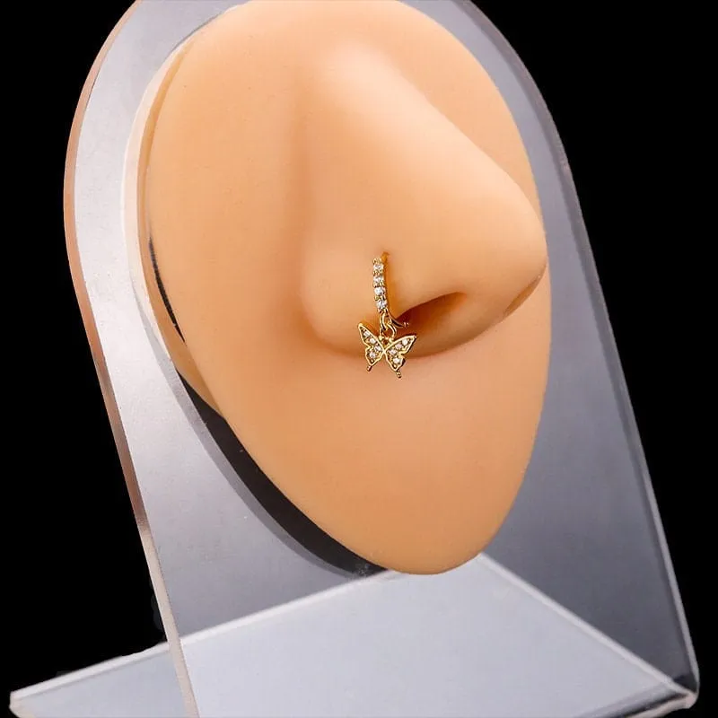 Chic CZ Inlaid Butterfly Evil Eye Heart Dangle Nose Piercing Hoop Nose Ring