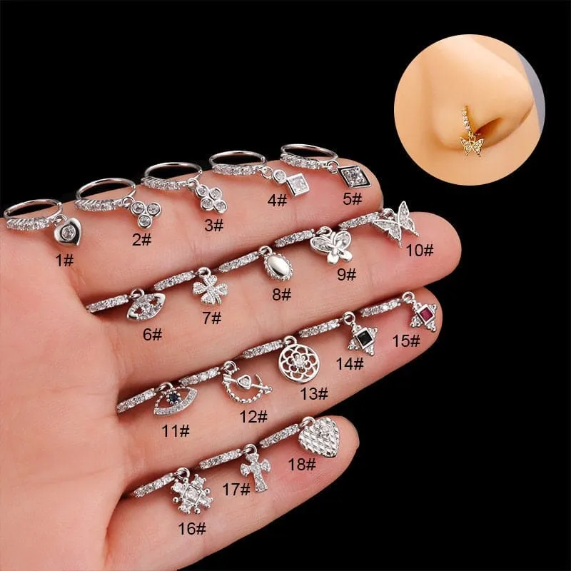 Chic CZ Inlaid Butterfly Evil Eye Heart Dangle Nose Piercing Hoop Nose Ring