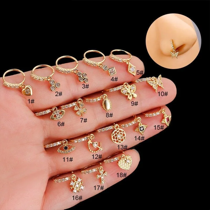 Chic CZ Inlaid Butterfly Evil Eye Heart Dangle Nose Piercing Hoop Nose Ring