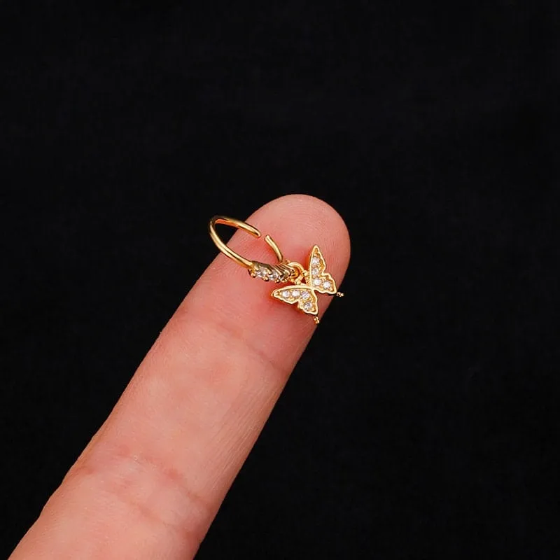 Chic CZ Inlaid Butterfly Evil Eye Heart Dangle Nose Piercing Hoop Nose Ring