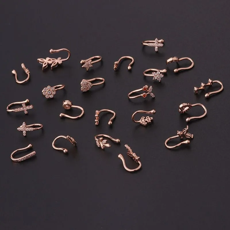 Chic CZ Inlaid Floral Butterfly Heart Star Non Piercing Ear Nose Cuff