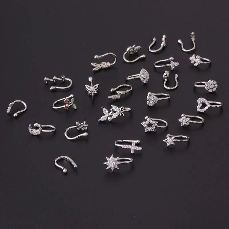Chic CZ Inlaid Floral Butterfly Heart Star Non Piercing Ear Nose Cuff