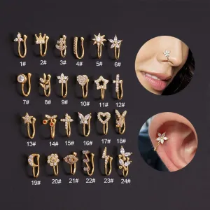 Chic CZ Inlaid Floral Butterfly Heart Star Non Piercing Ear Nose Cuff