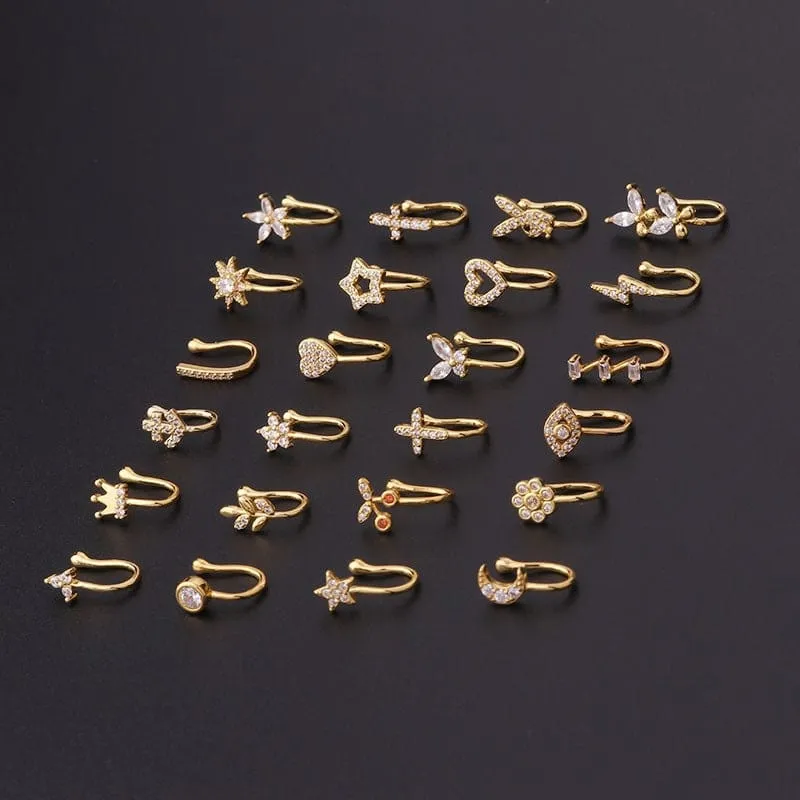 Chic CZ Inlaid Floral Butterfly Heart Star Non Piercing Ear Nose Cuff