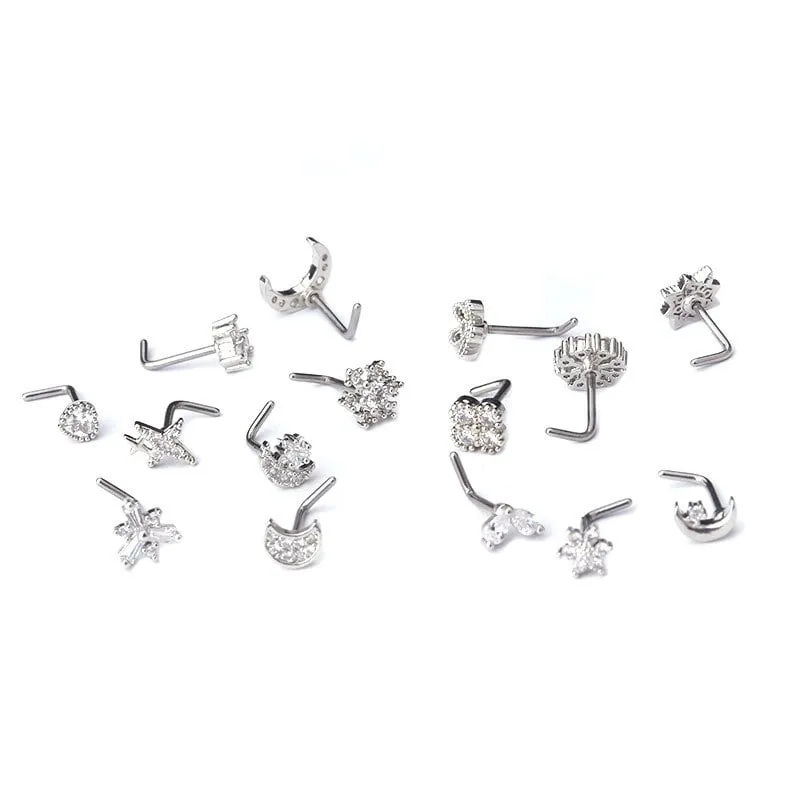 Chic CZ Inlaid Snowflake Moon Phase Star Titanium Nose Piercing Nose Stud