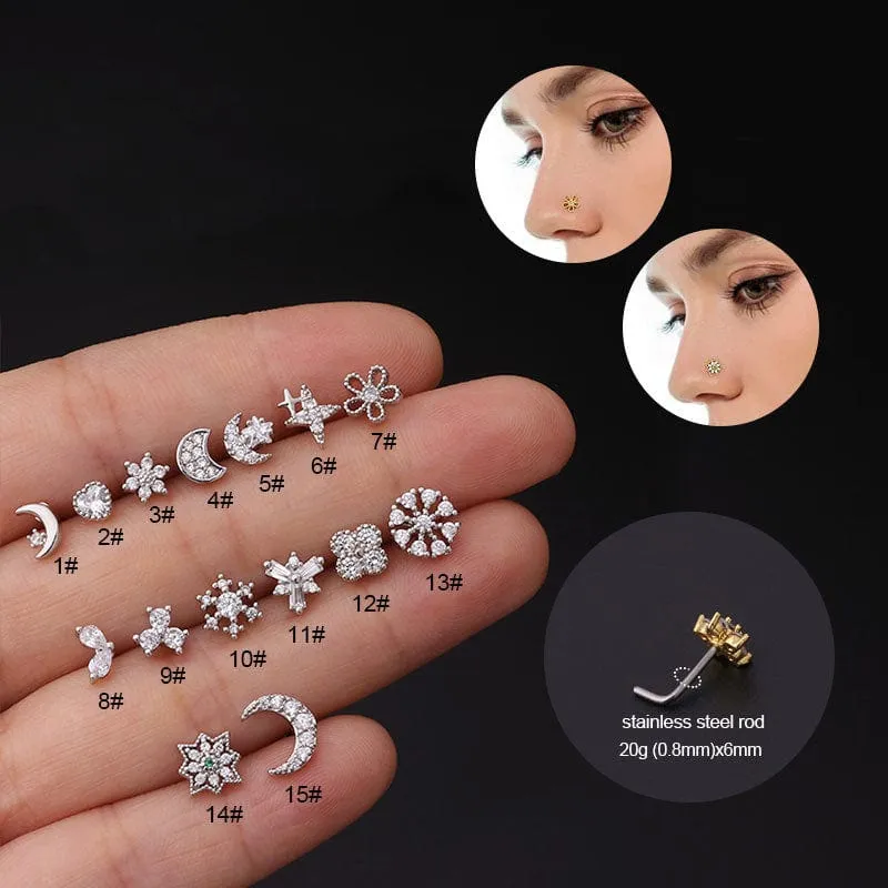 Chic CZ Inlaid Snowflake Moon Phase Star Titanium Nose Piercing Nose Stud