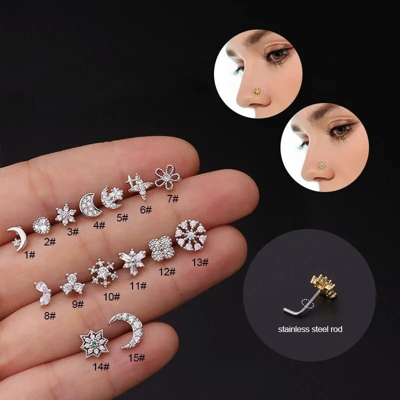 Chic CZ Inlaid Snowflake Moon Phase Star Titanium Nose Piercing Nose Stud