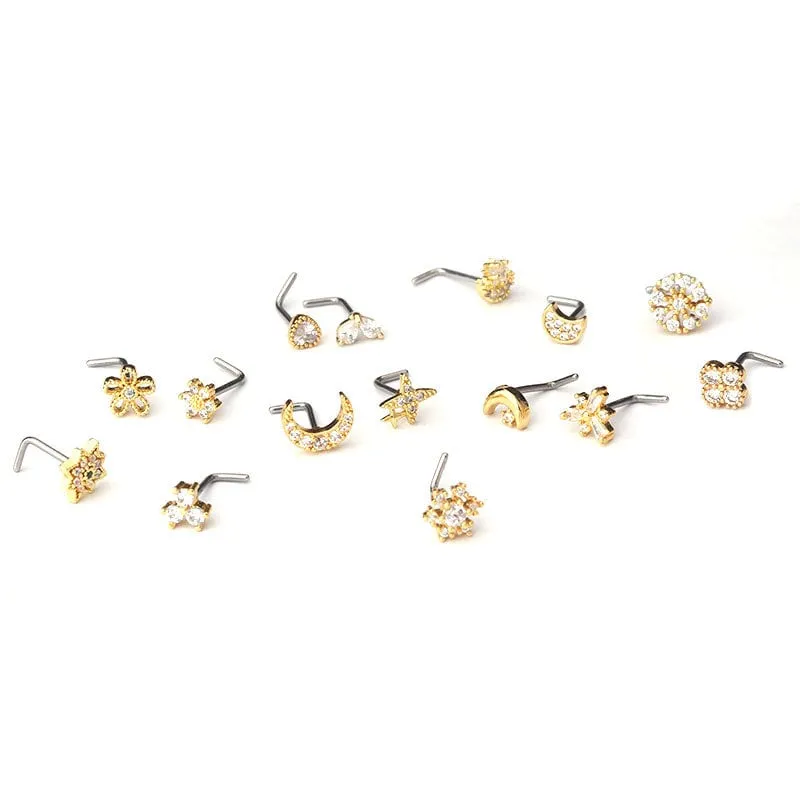Chic CZ Inlaid Snowflake Moon Phase Star Titanium Nose Piercing Nose Stud