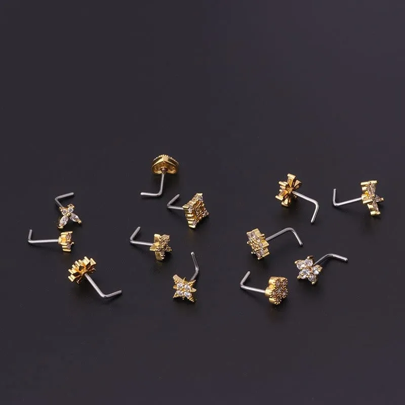Chic Stainless Steel CZ Inlaid Floral Butterfly Heart Star Nose Piercing Nose Stud