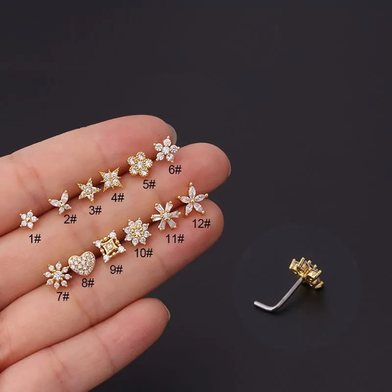 Chic Stainless Steel CZ Inlaid Floral Butterfly Heart Star Nose Piercing Nose Stud