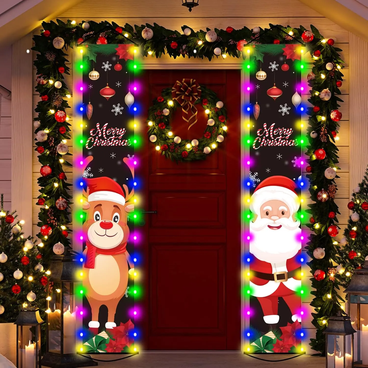 Christmas Lighted Door Banners Xmas Porch Sign with LED Light Door Lighted De...