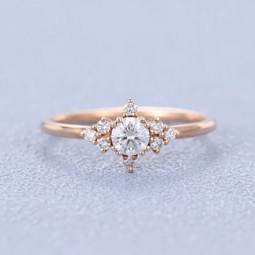 Classic Moissanite rose gold ring unique engagement ring vintage side stone Round shaped ring anniversary gift proposal ring christmas gift