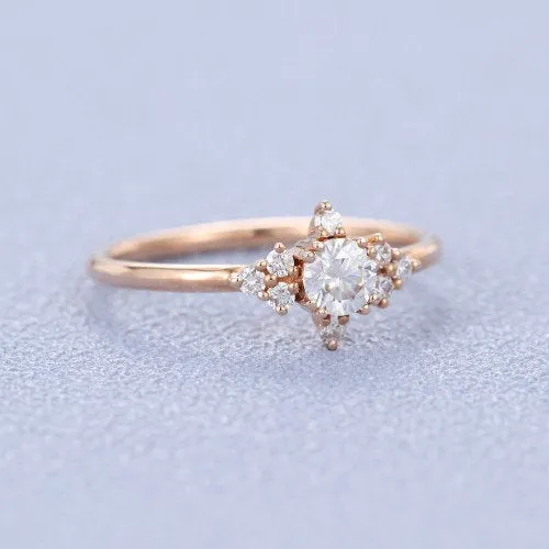 Classic Moissanite rose gold ring unique engagement ring vintage side stone Round shaped ring anniversary gift proposal ring christmas gift