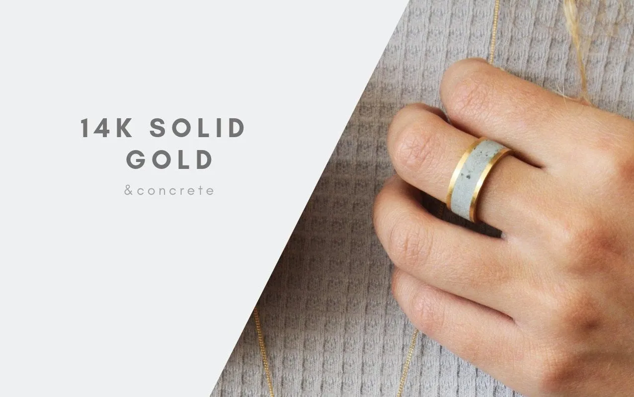 Contemporary 14K Solid Gold Wide Modern Unisex Concrete Wedding Ring