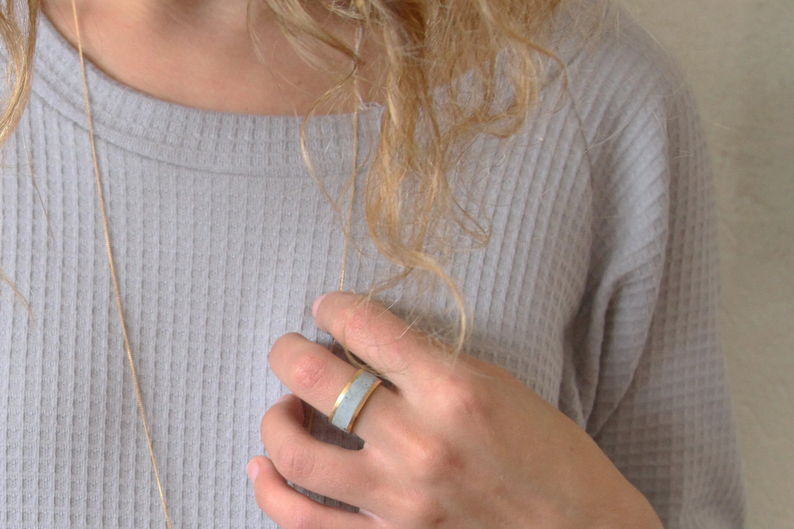 Contemporary 14K Solid Gold Wide Modern Unisex Concrete Wedding Ring