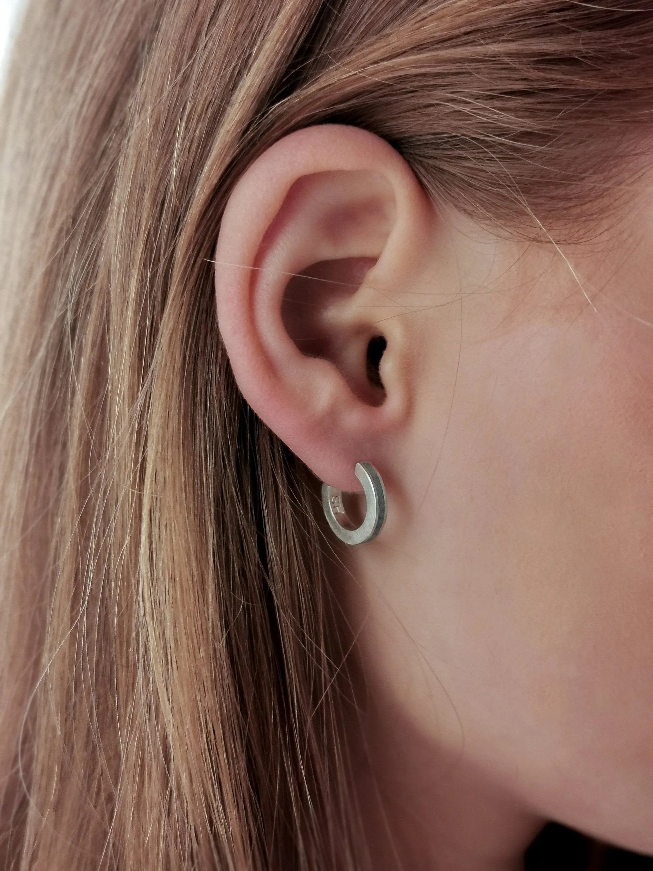 Contemporary Minimalist Silver & Concrete Small Hoop Earrings