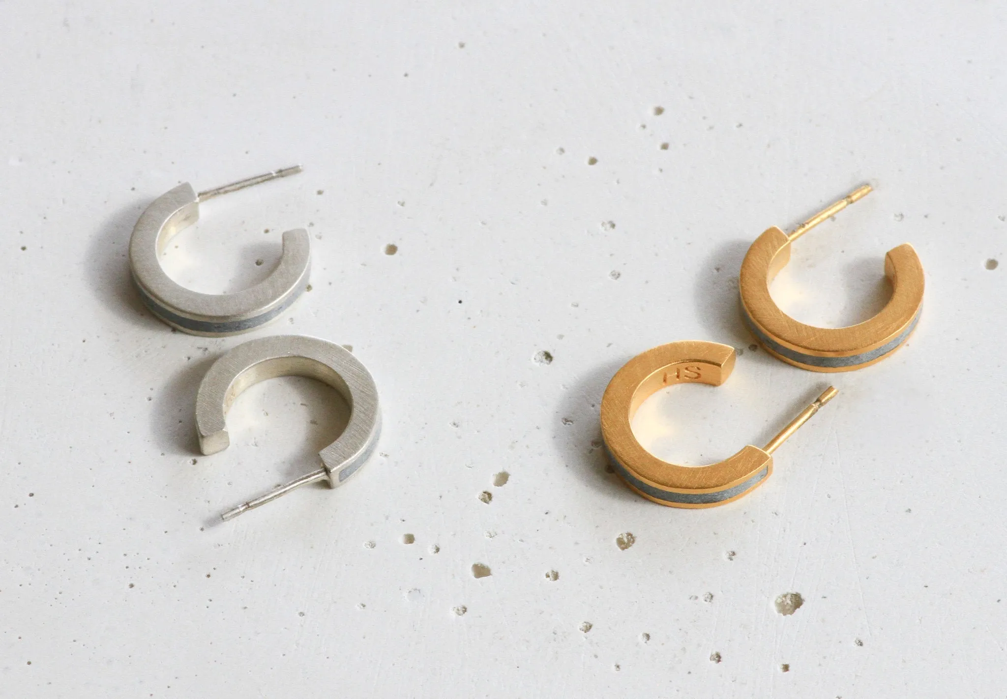 Contemporary Minimalist Silver & Concrete Small Hoop Earrings