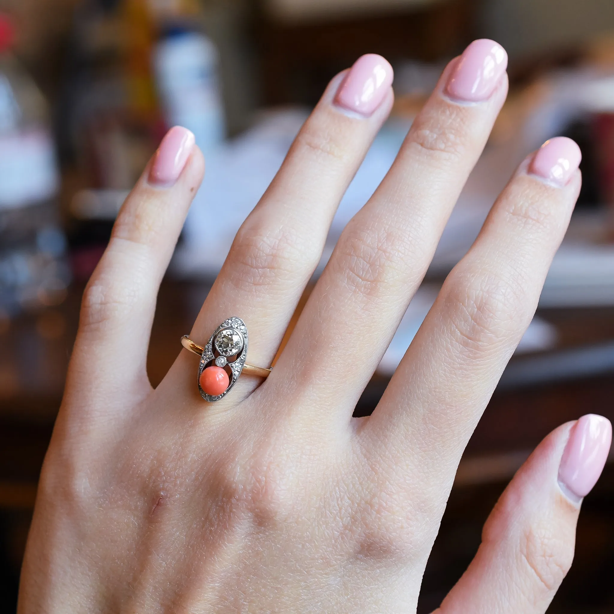 (Copy) Art Deco Coral & Diamond Cluster Ring
