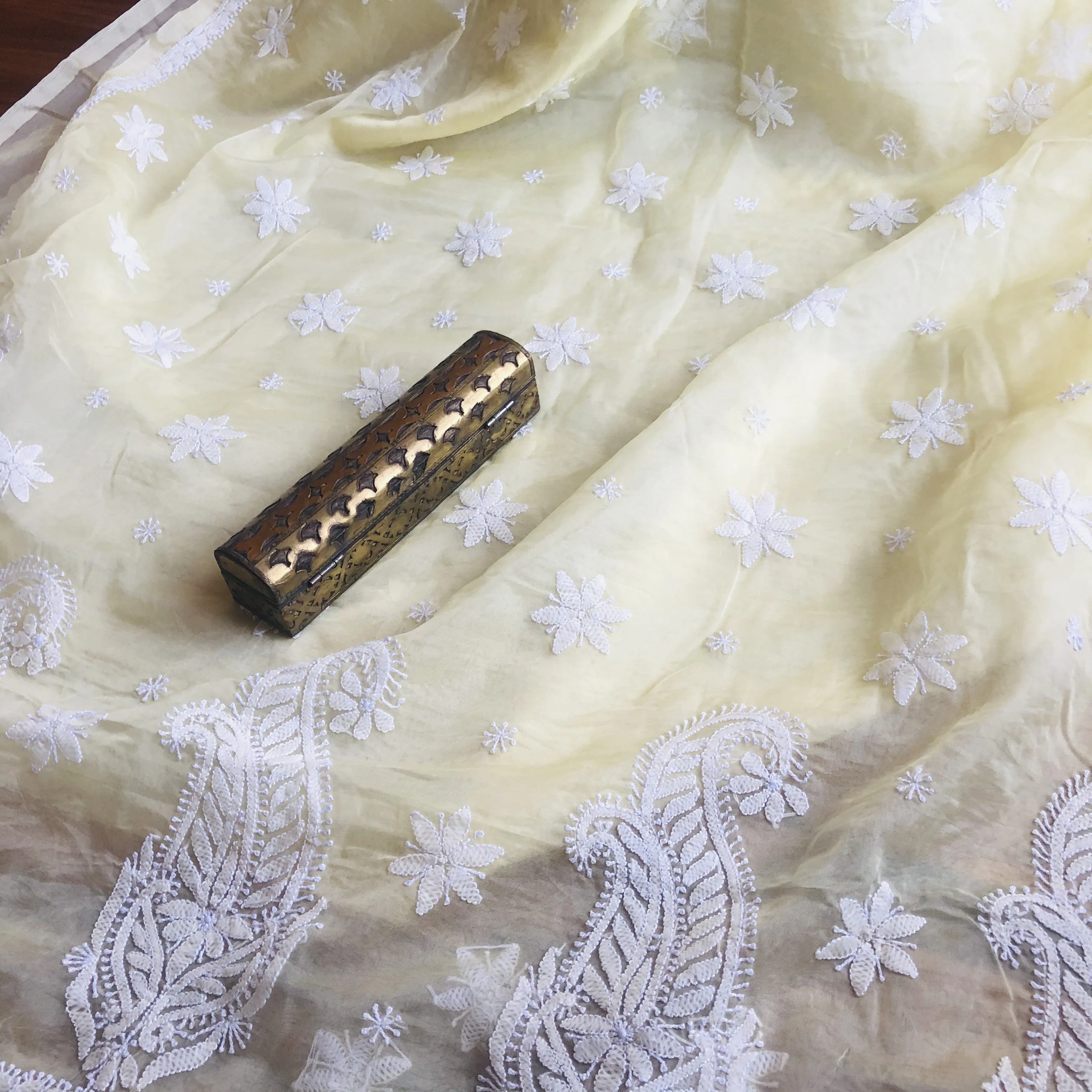 Cream Organza Chikankari Saree