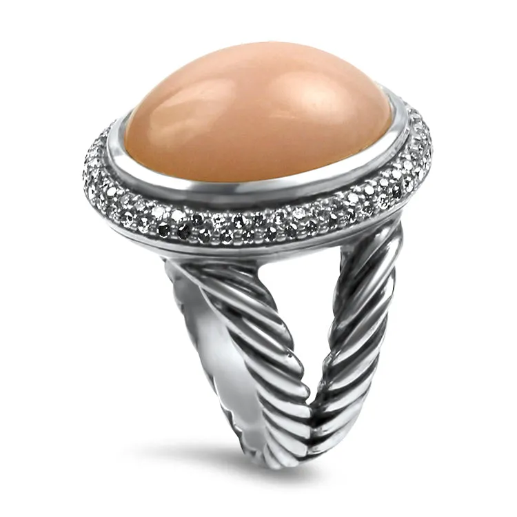 David Yurman Estate Sterling Silver Pink Agate & Diamond Ring