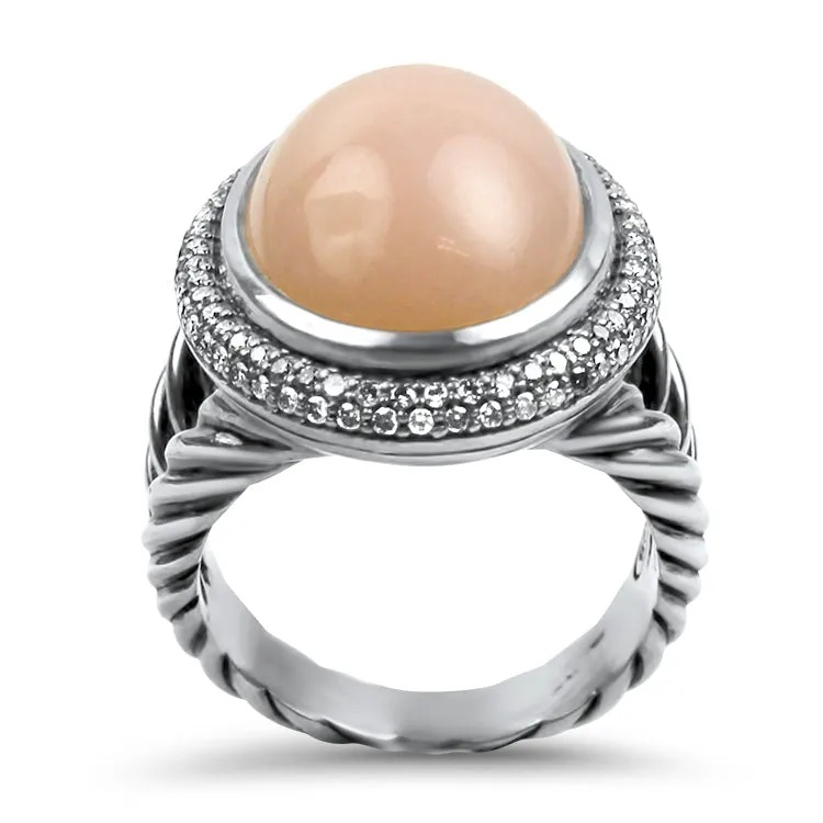 David Yurman Estate Sterling Silver Pink Agate & Diamond Ring