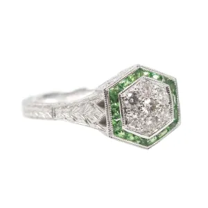Diamond and Tsavorite Garnet Hexagonal Cluster Ring in White Gold