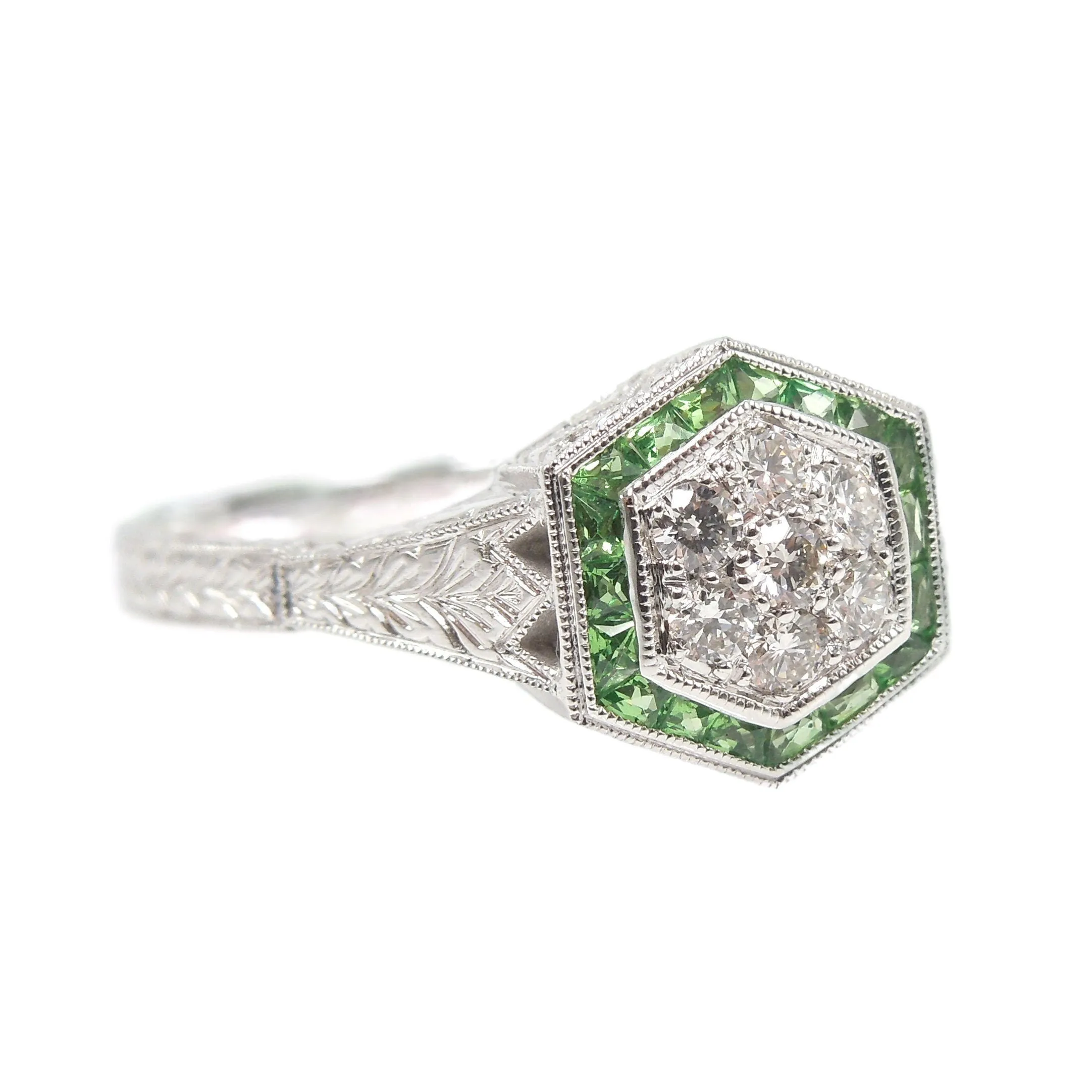 Diamond and Tsavorite Garnet Hexagonal Cluster Ring in White Gold