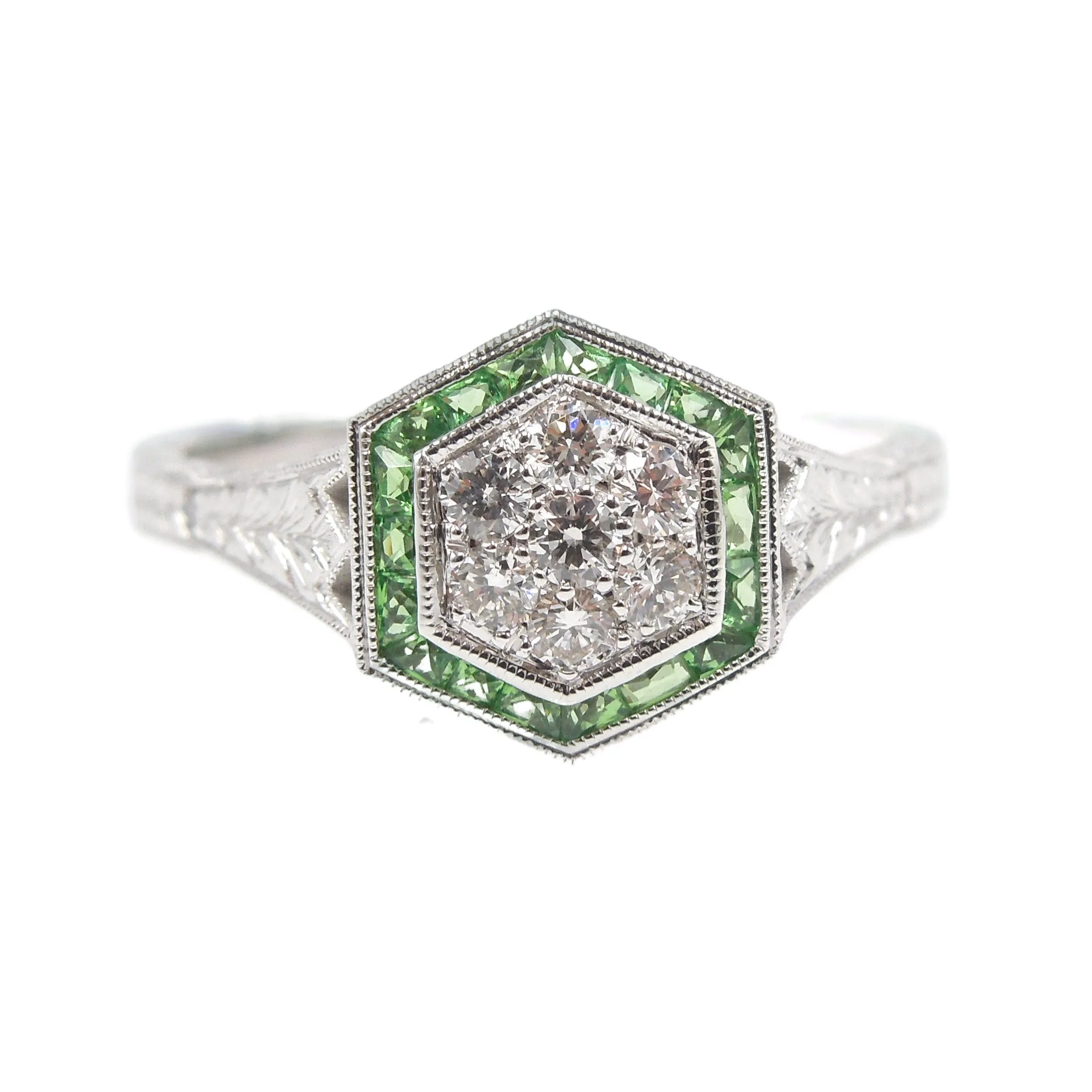 Diamond and Tsavorite Garnet Hexagonal Cluster Ring in White Gold