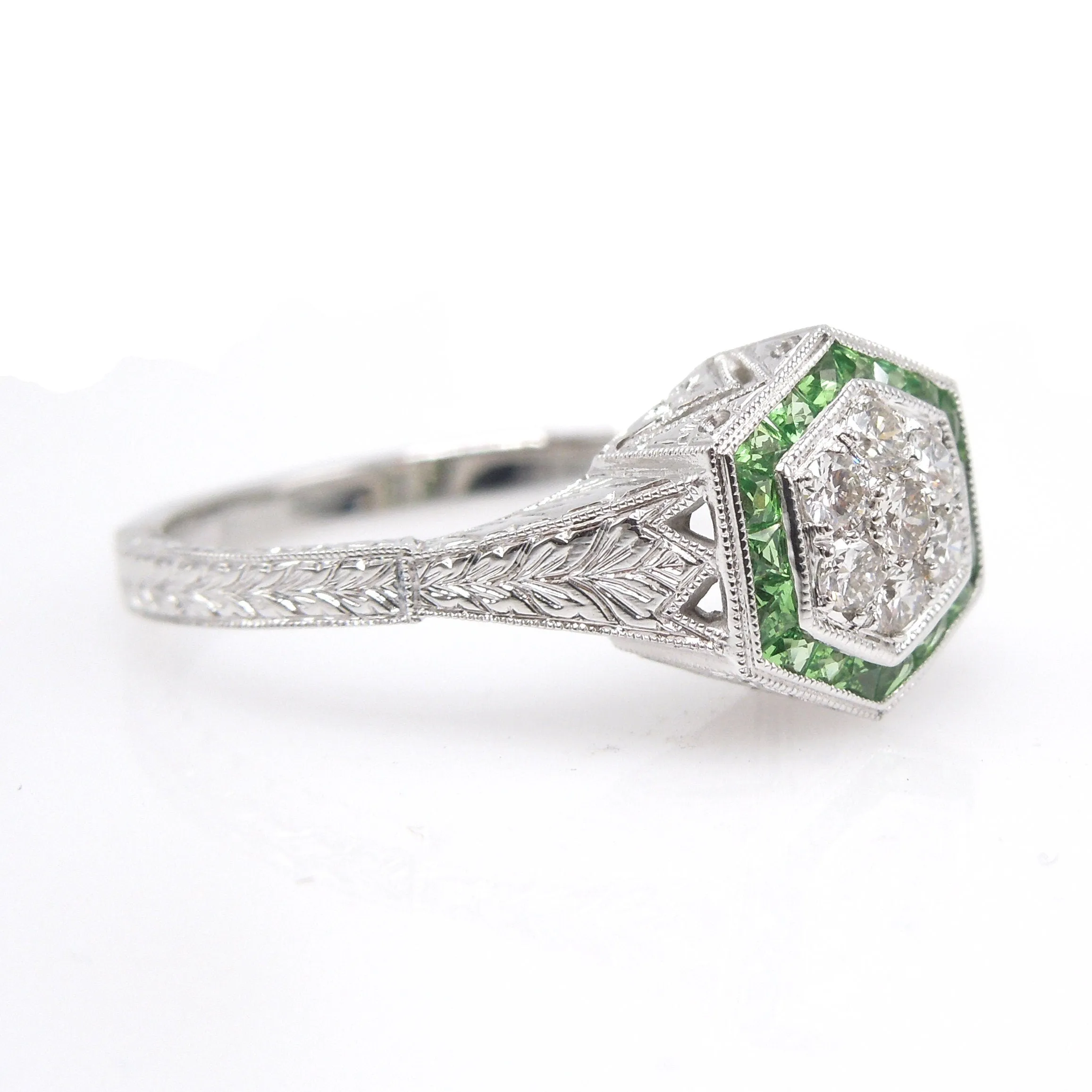 Diamond and Tsavorite Garnet Hexagonal Cluster Ring in White Gold