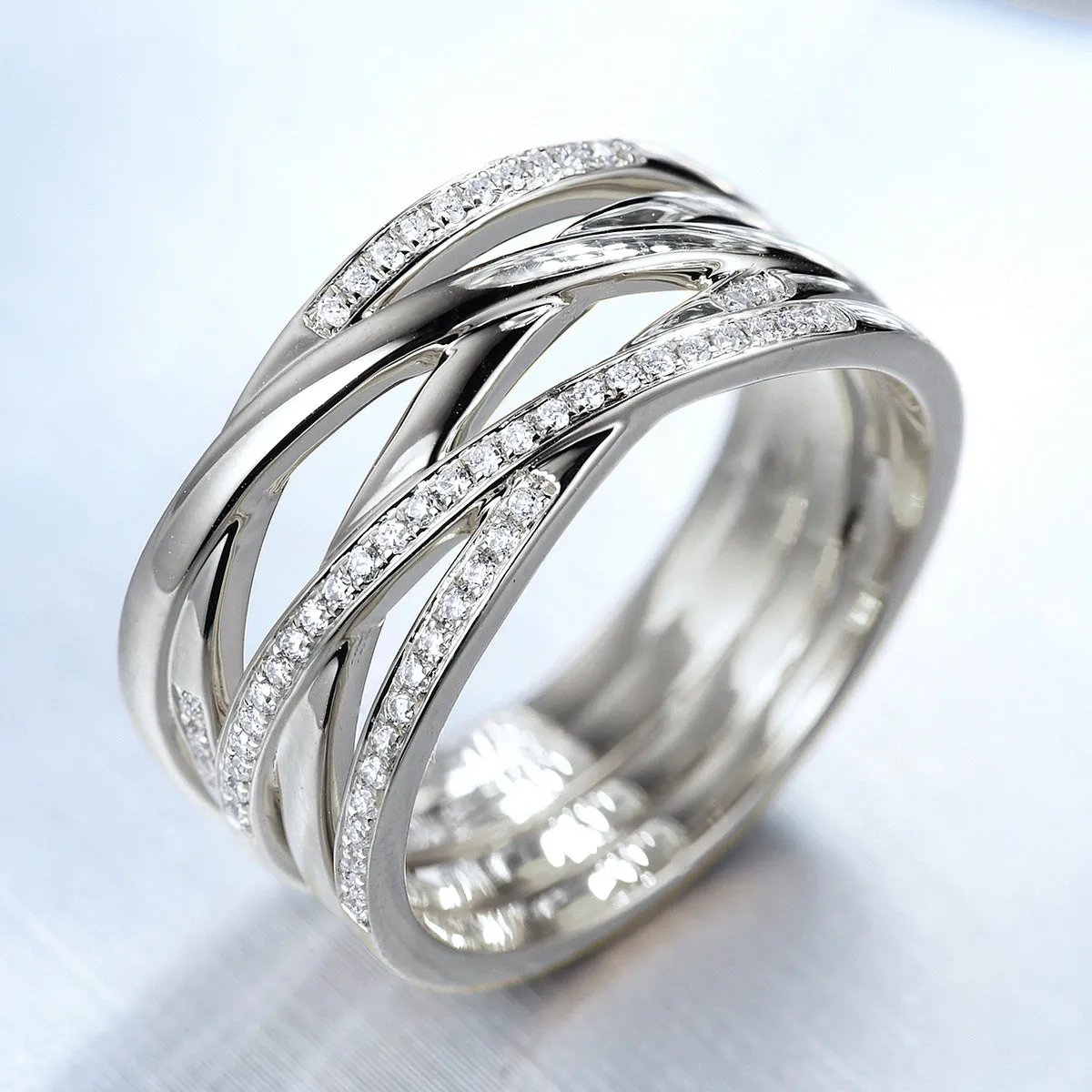 Diamond Criss Cross Overlapping Wide Ring