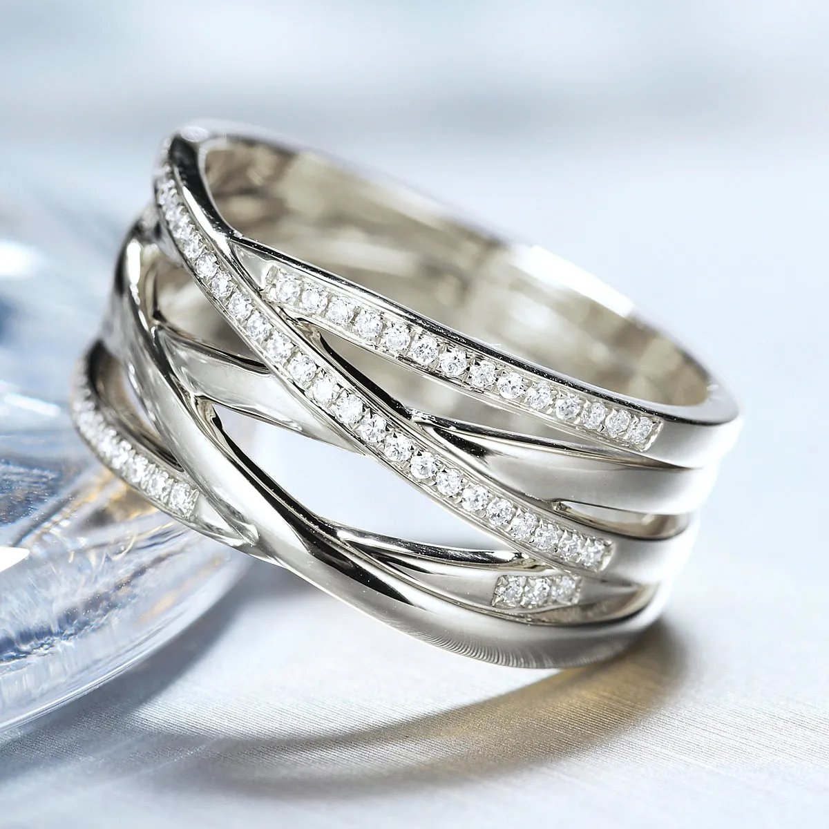 Diamond Criss Cross Overlapping Wide Ring