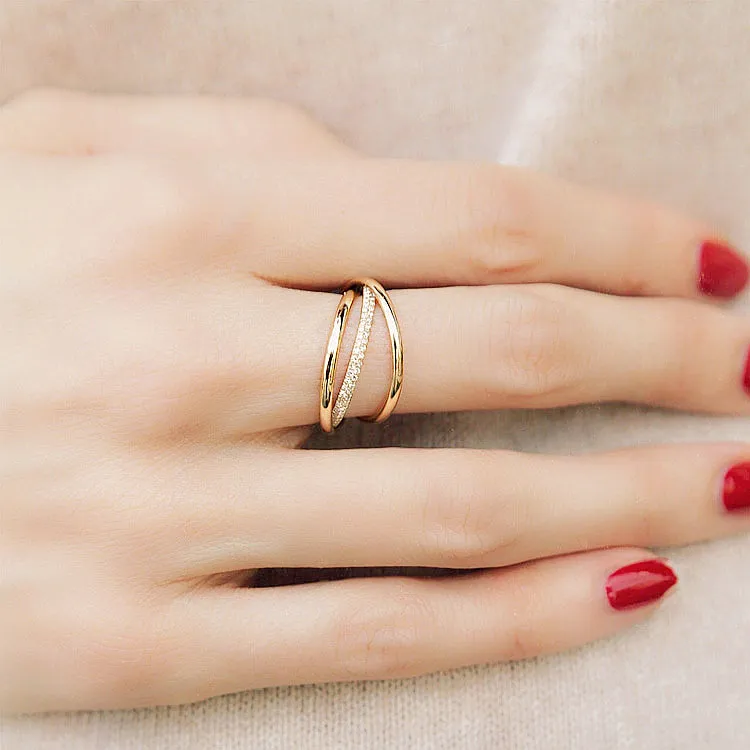 Double Row Pave Diamond Interlocking 3 Bands Ring