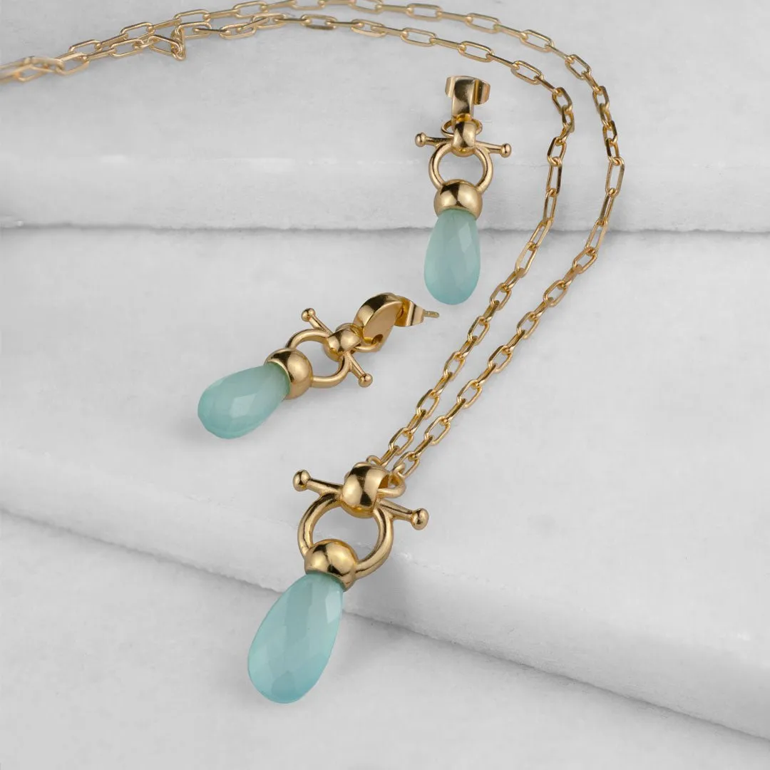 Droplette - Snaffle Horse Bit Aqua Chalcedony and 14K Gold on Sterling Silver Earring