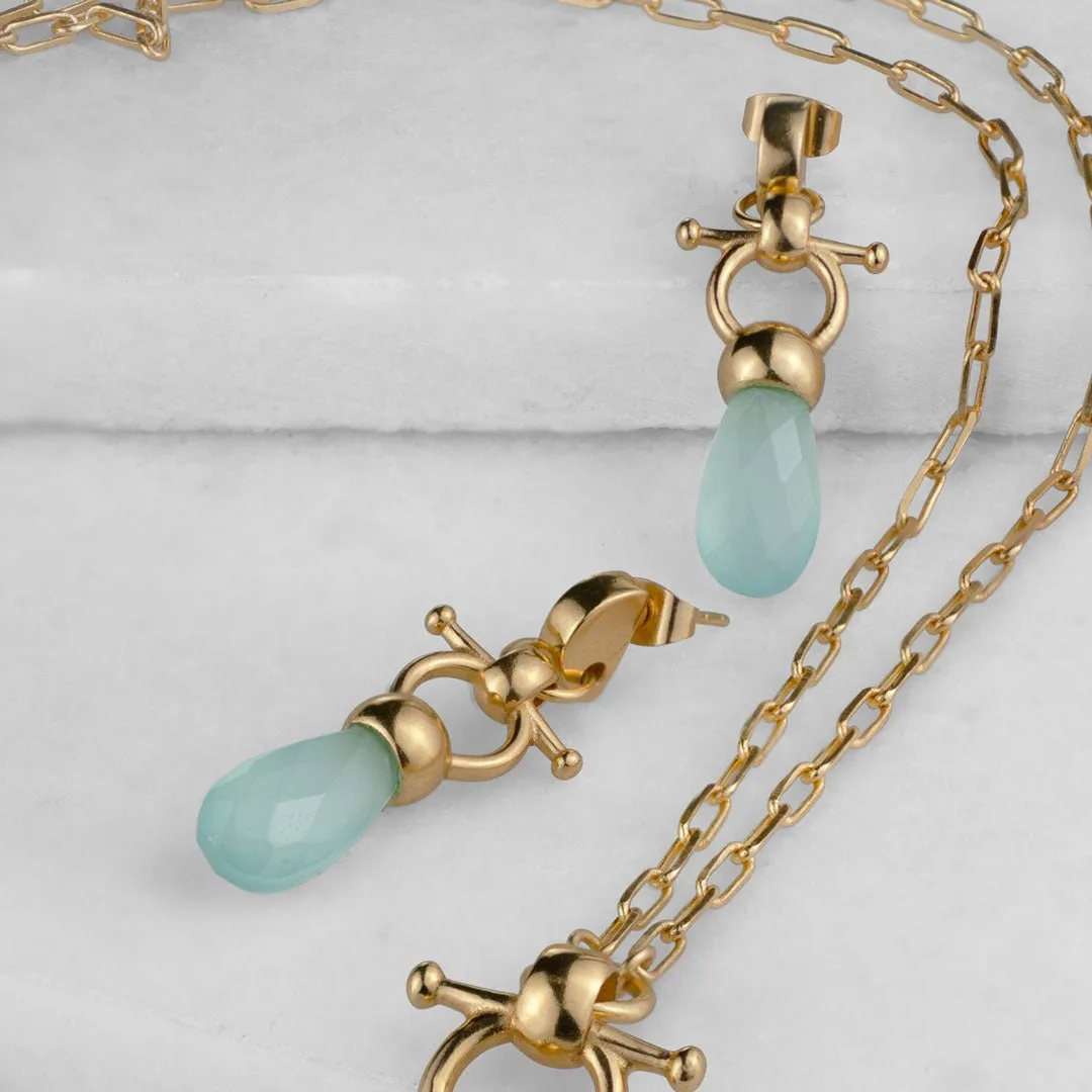 Droplette - Snaffle Horse Bit Aqua Chalcedony and 14K Gold on Sterling Silver Earring