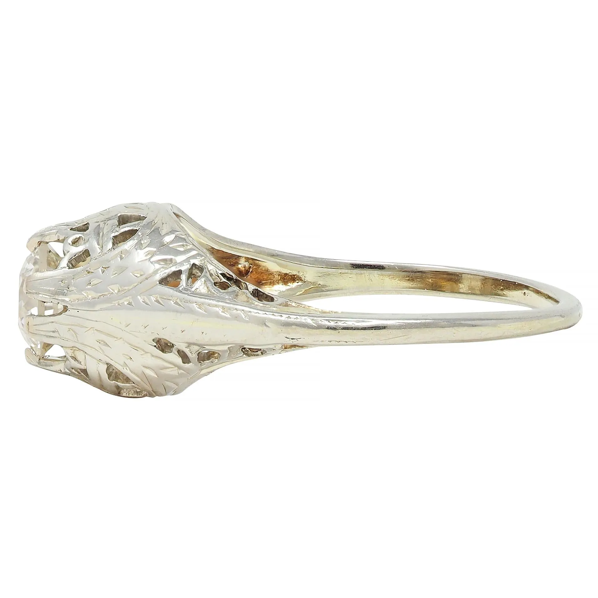 Early Art Deco 0.52 CTW Old European Diamond 18 Karat White Gold Antique Foliate Engagement Ring