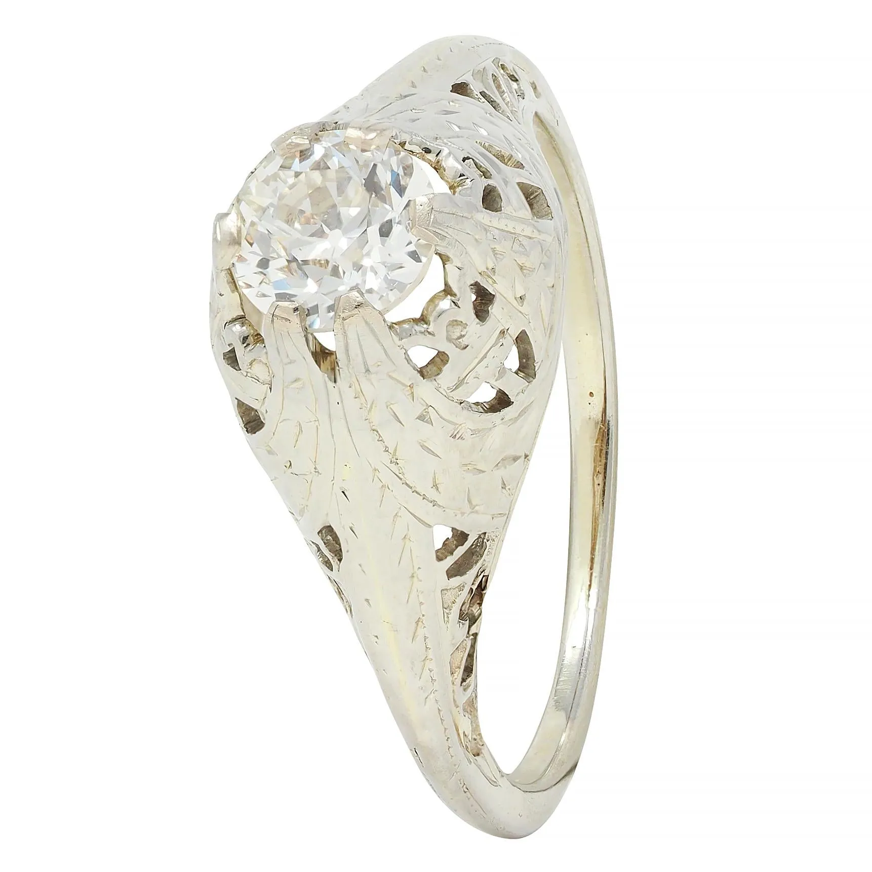 Early Art Deco 0.52 CTW Old European Diamond 18 Karat White Gold Antique Foliate Engagement Ring