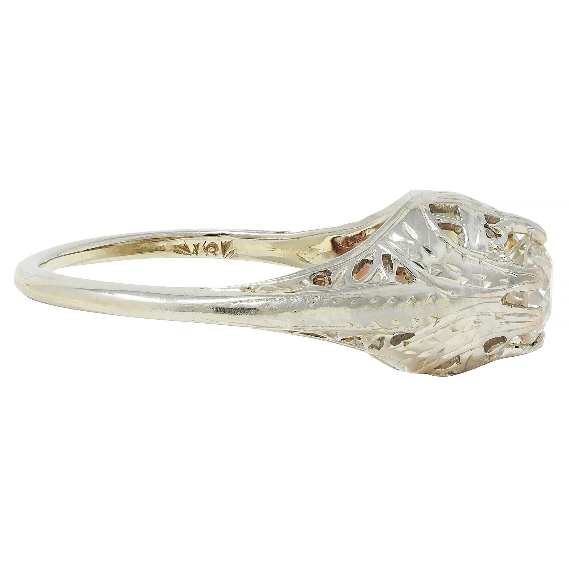 Early Art Deco 0.52 CTW Old European Diamond 18 Karat White Gold Antique Foliate Engagement Ring