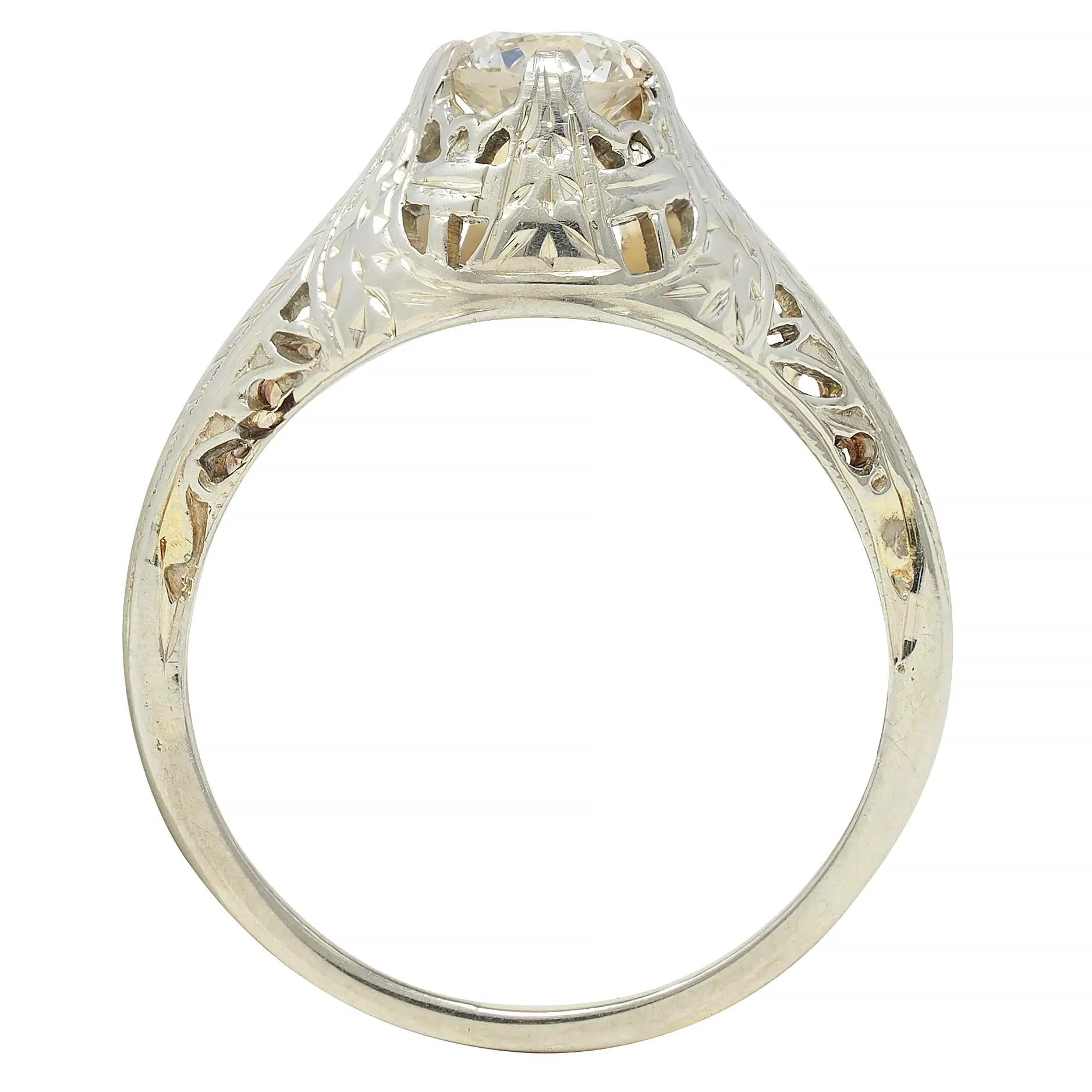 Early Art Deco 0.52 CTW Old European Diamond 18 Karat White Gold Antique Foliate Engagement Ring