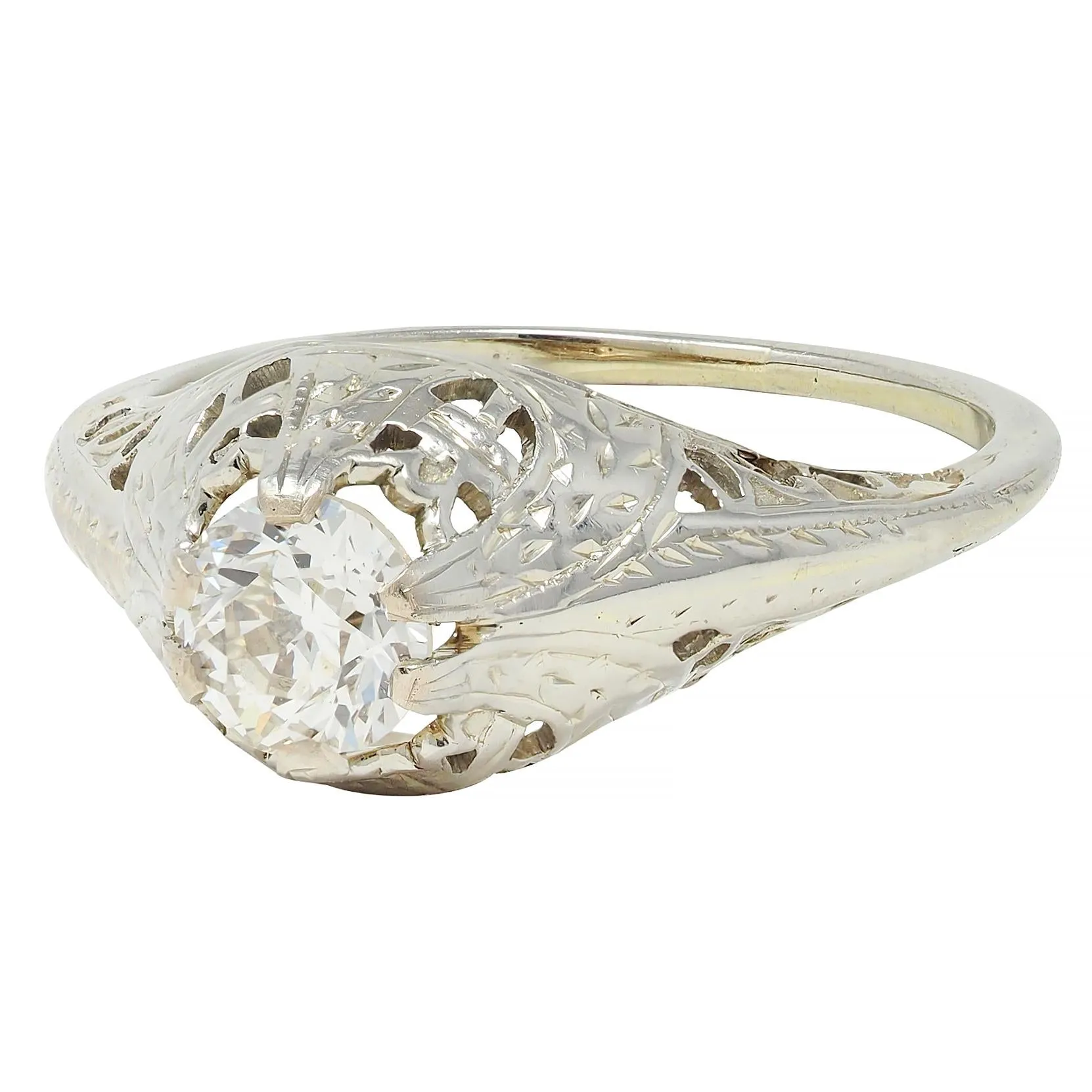 Early Art Deco 0.52 CTW Old European Diamond 18 Karat White Gold Antique Foliate Engagement Ring