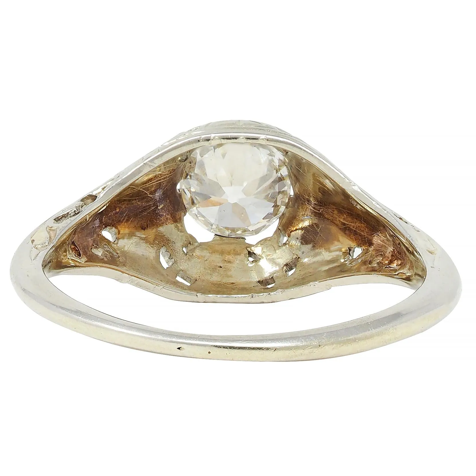 Early Art Deco 0.52 CTW Old European Diamond 18 Karat White Gold Antique Foliate Engagement Ring
