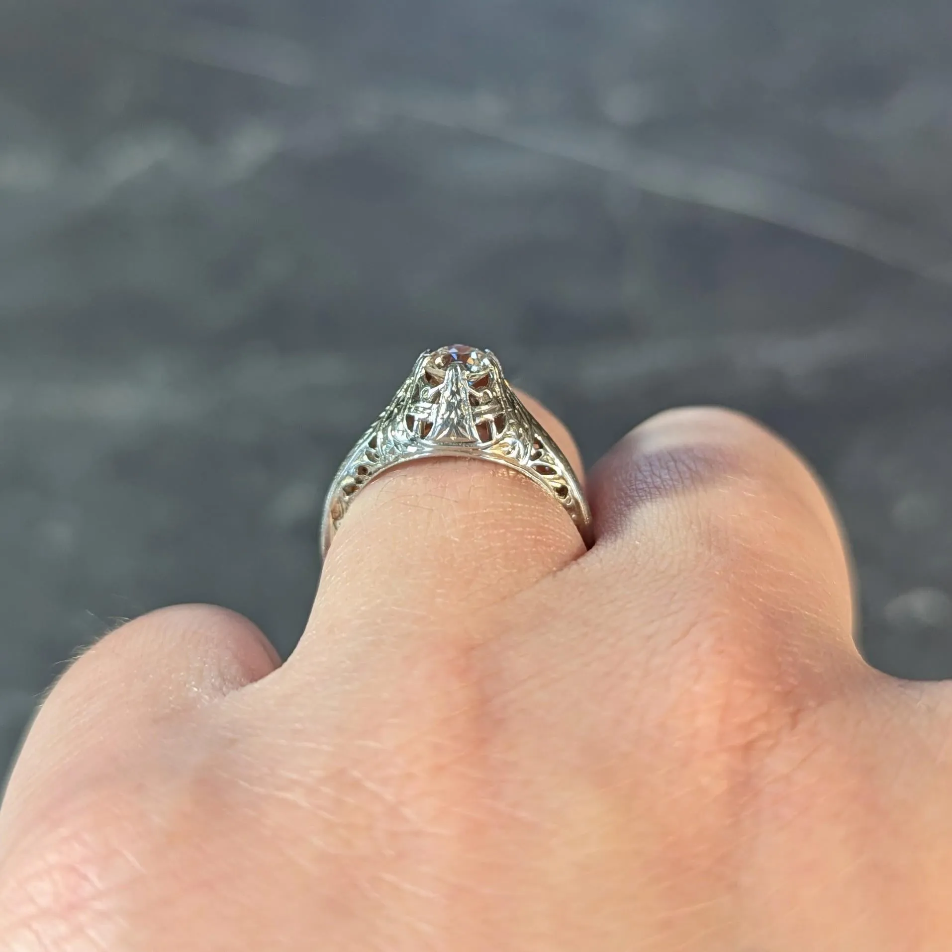 Early Art Deco 0.52 CTW Old European Diamond 18 Karat White Gold Antique Foliate Engagement Ring