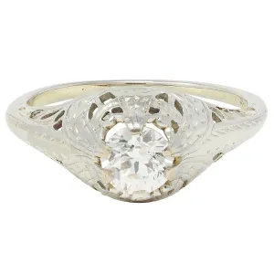 Early Art Deco 0.52 CTW Old European Diamond 18 Karat White Gold Antique Foliate Engagement Ring