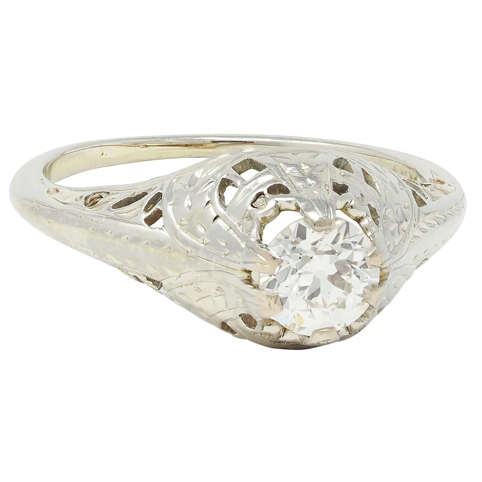 Early Art Deco 0.52 CTW Old European Diamond 18 Karat White Gold Antique Foliate Engagement Ring